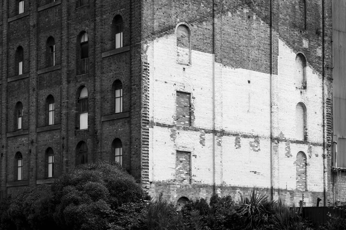 Building facade in old warehouse district, Timaru.