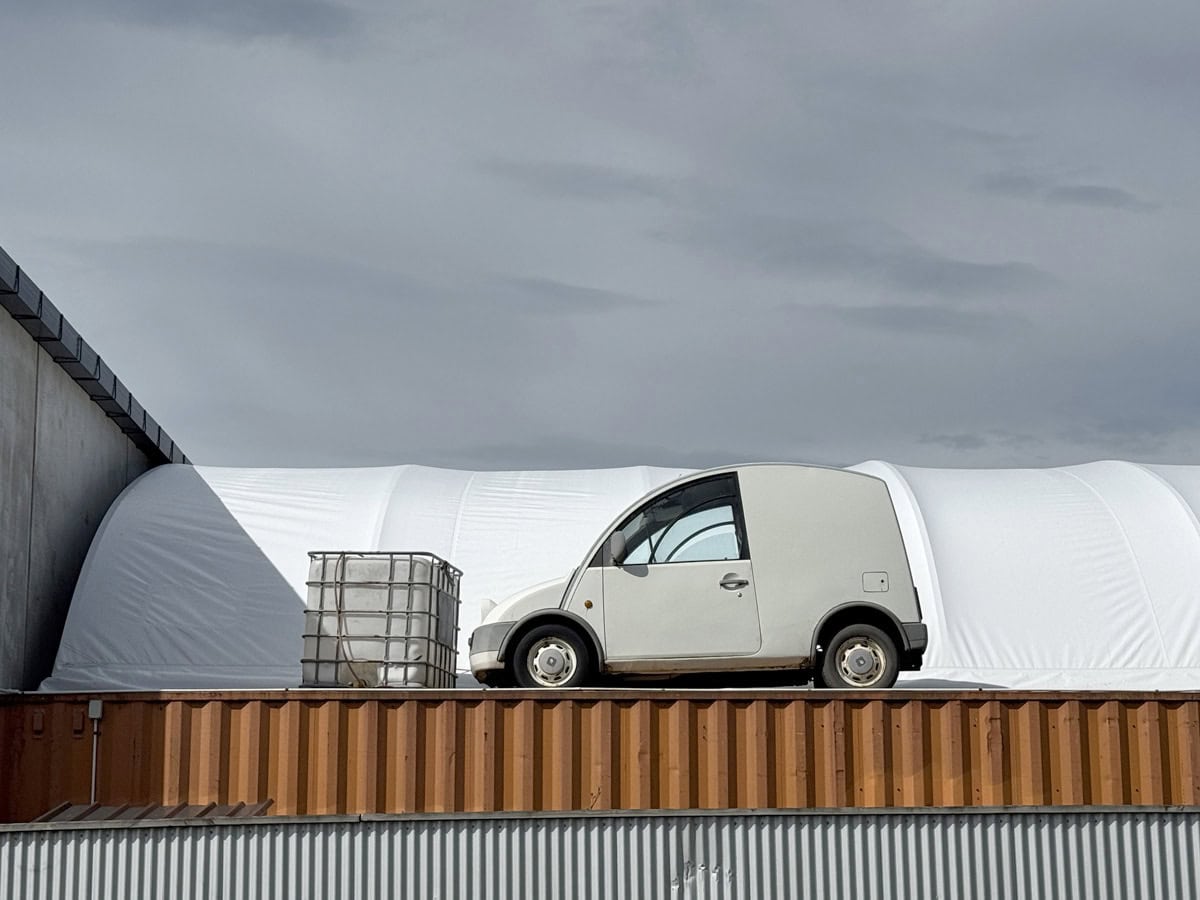 Car on container in an industrial area during Christmas holiday period.