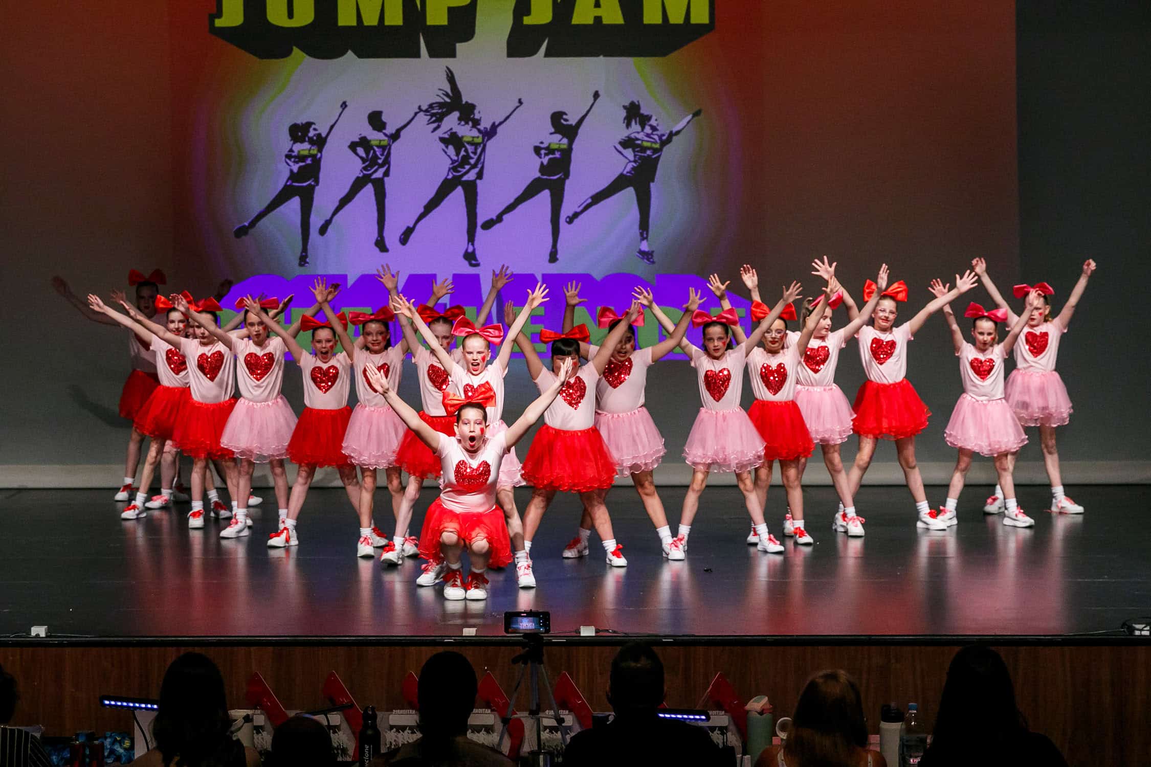 Jump Jam performers burst with expression during stage performance.