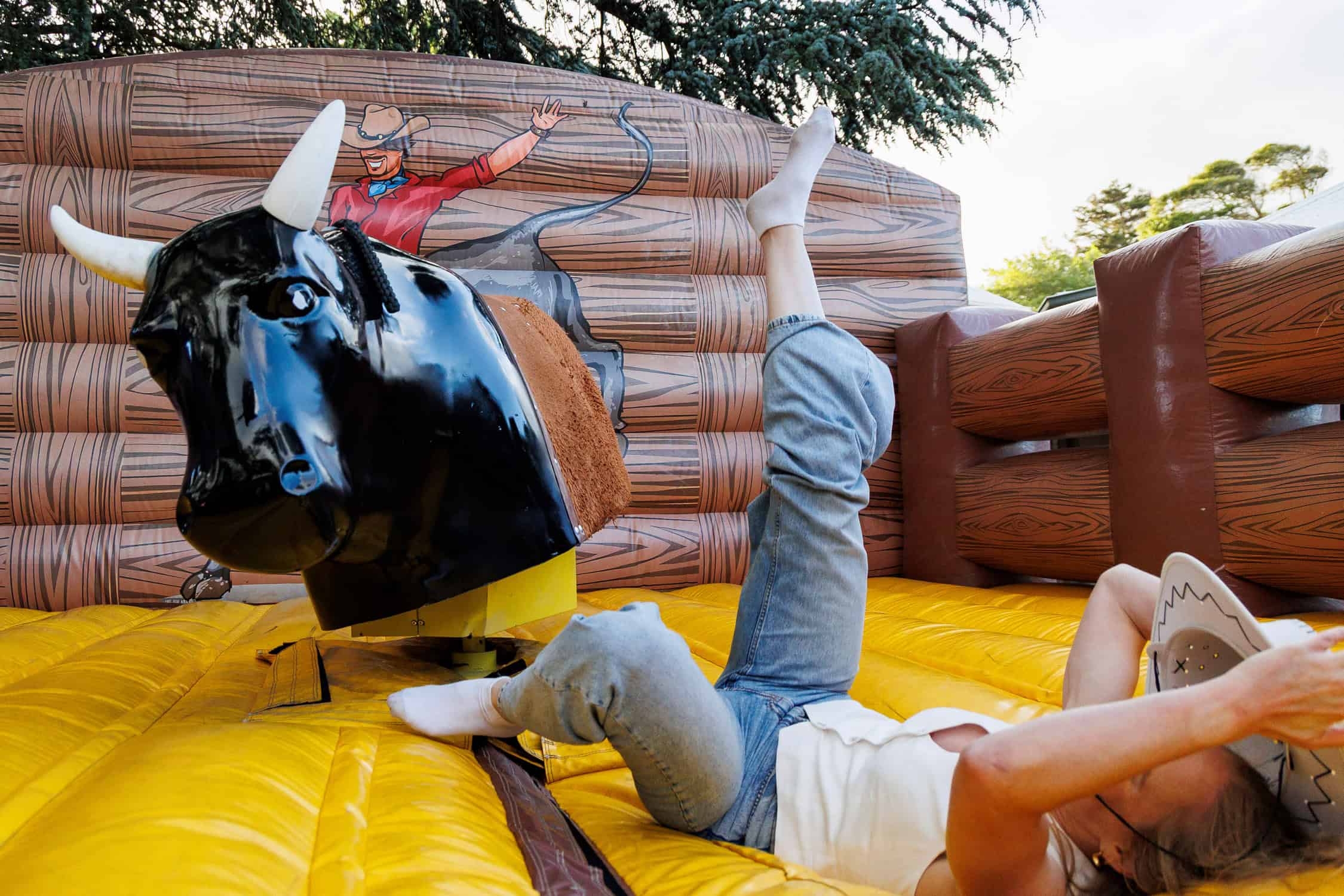 Staff party ends with rider knocked from mechaincal bull for one rider!